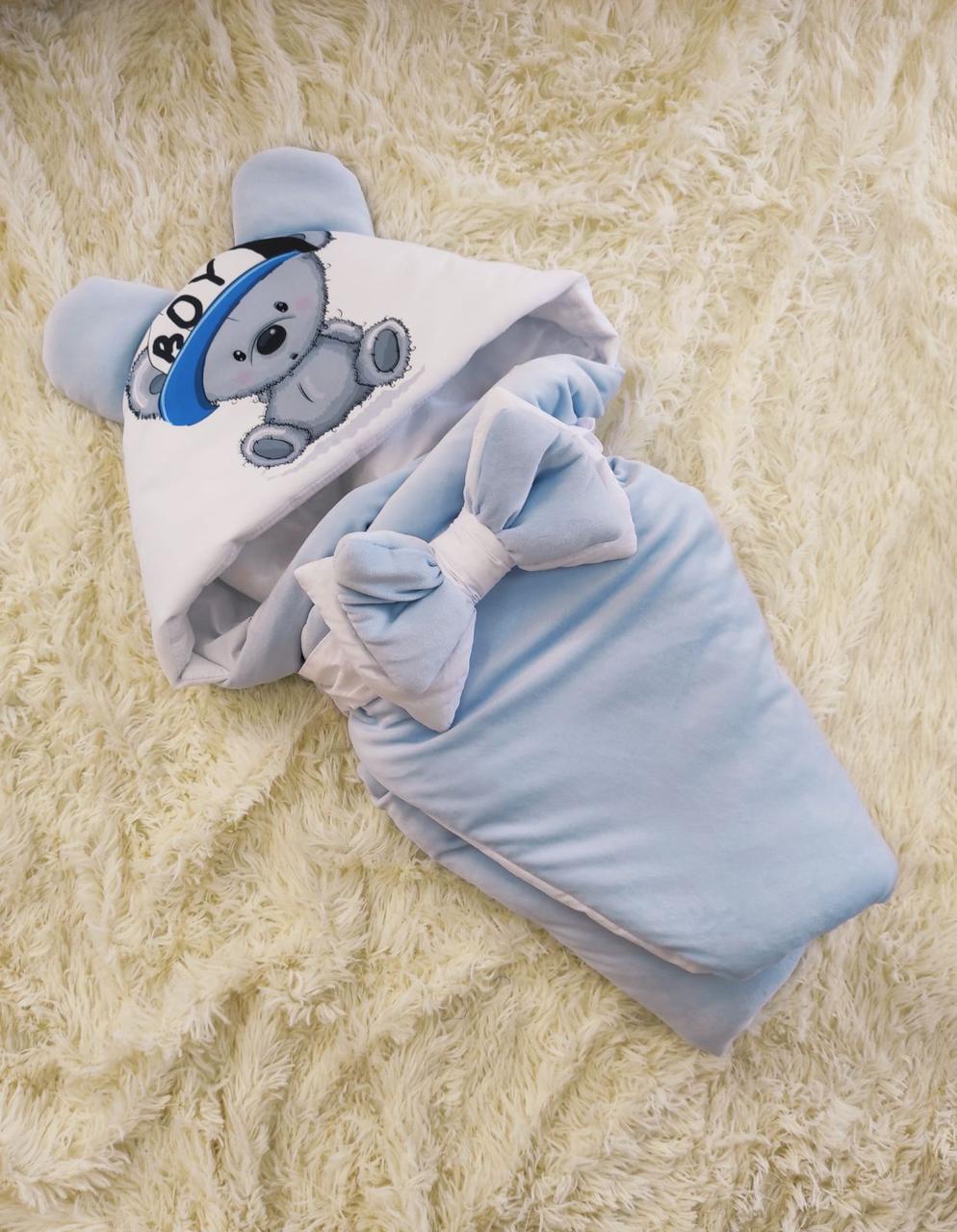 Демісезонний велюровий конверт для новонароджених, блакитний, принт Ведмедик Boy, фото 1