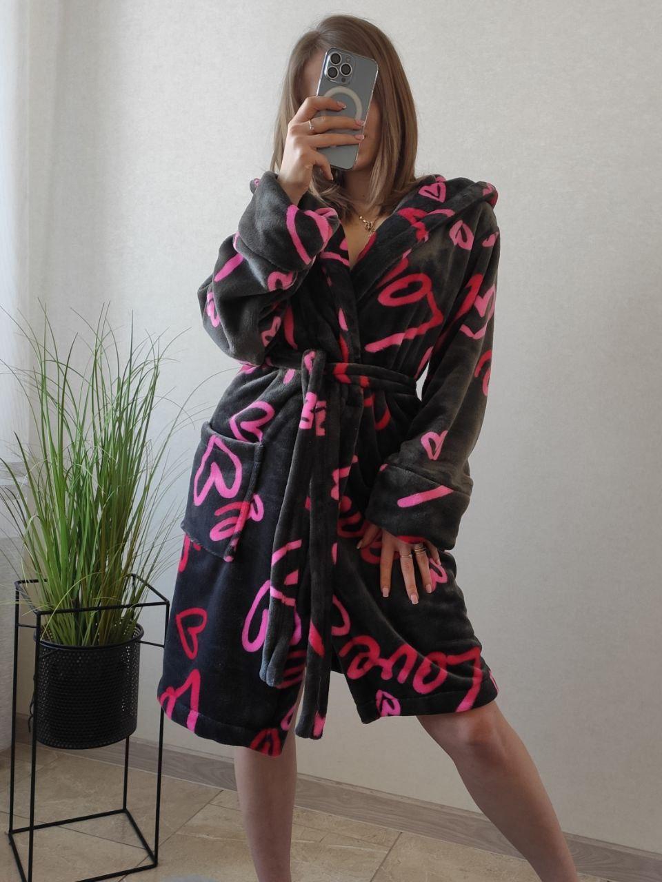 Жіночий теплий махровий халат із сердечками Туреччина, фото 1