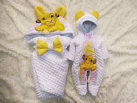 Яскравий весняний комплект на виписку з пологового будинку для новонароджених Левеня ШкодаМода Білий