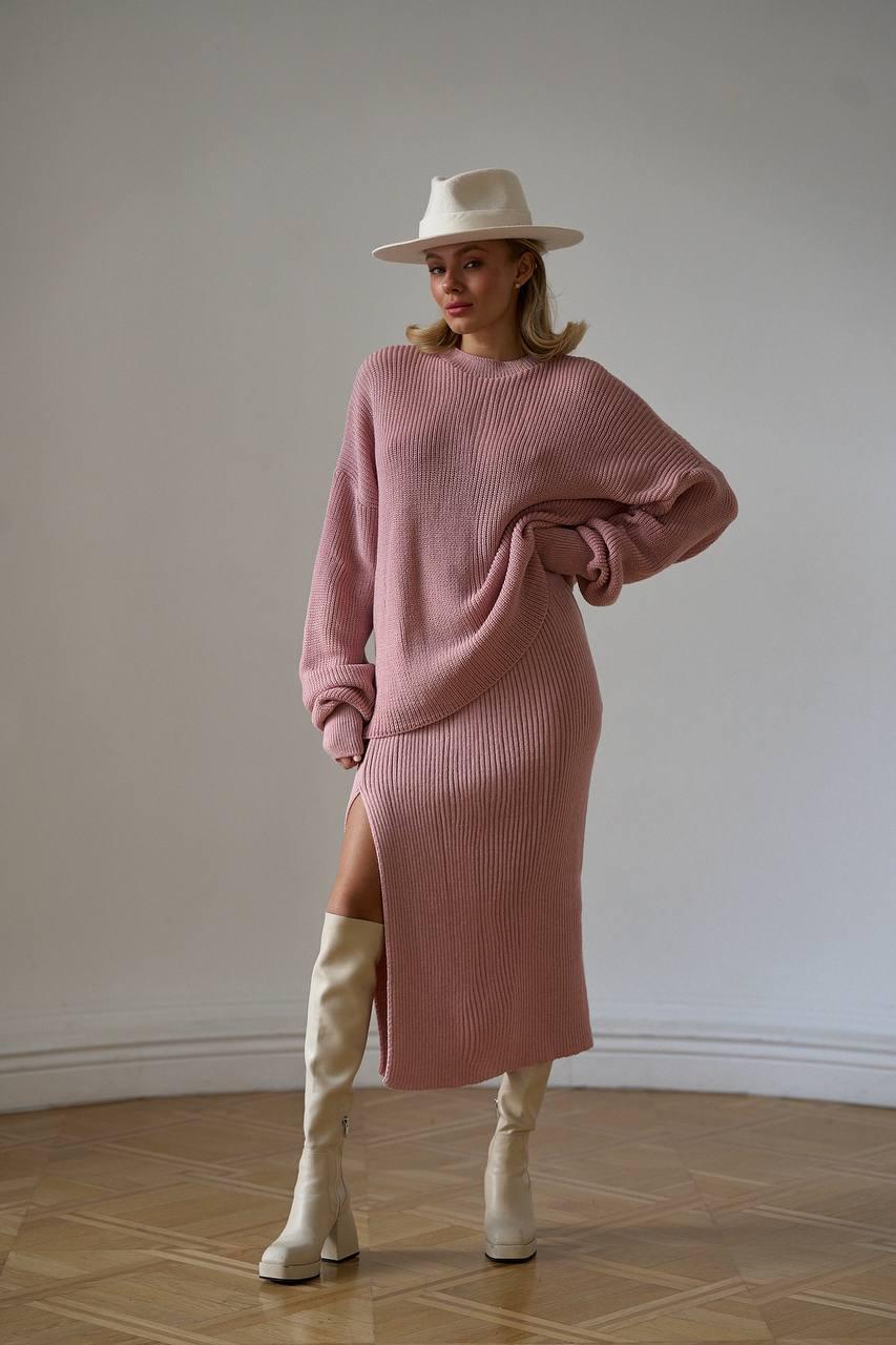 Костюм в'язаний вільна подовжена кофта та спідниця з розрізом, фото 1