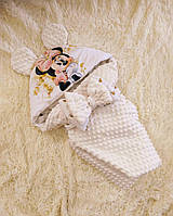 Демисезонный плюшевый конверт для новорожденных девочек, молочный, принт Минни