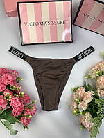 Женские трусики Виктория Сикрет со стразами Трусики бразилиана Victoria s Secret Коричневый, М, Полиамид+эластан