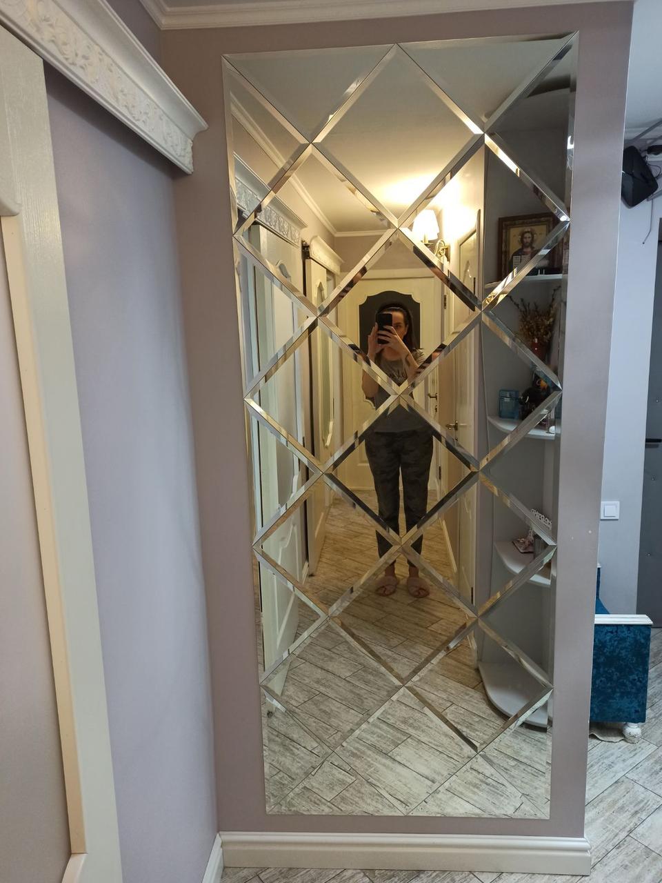 Дзеркальне панно 850*2125 срібло фацет 15 мм квадрат 300*300 мм, фото 1