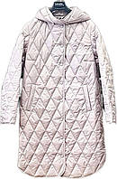 Весенняя светлая женская куртка удлиненная модель с капюшоном, жемчуг, большие размеры 44-56