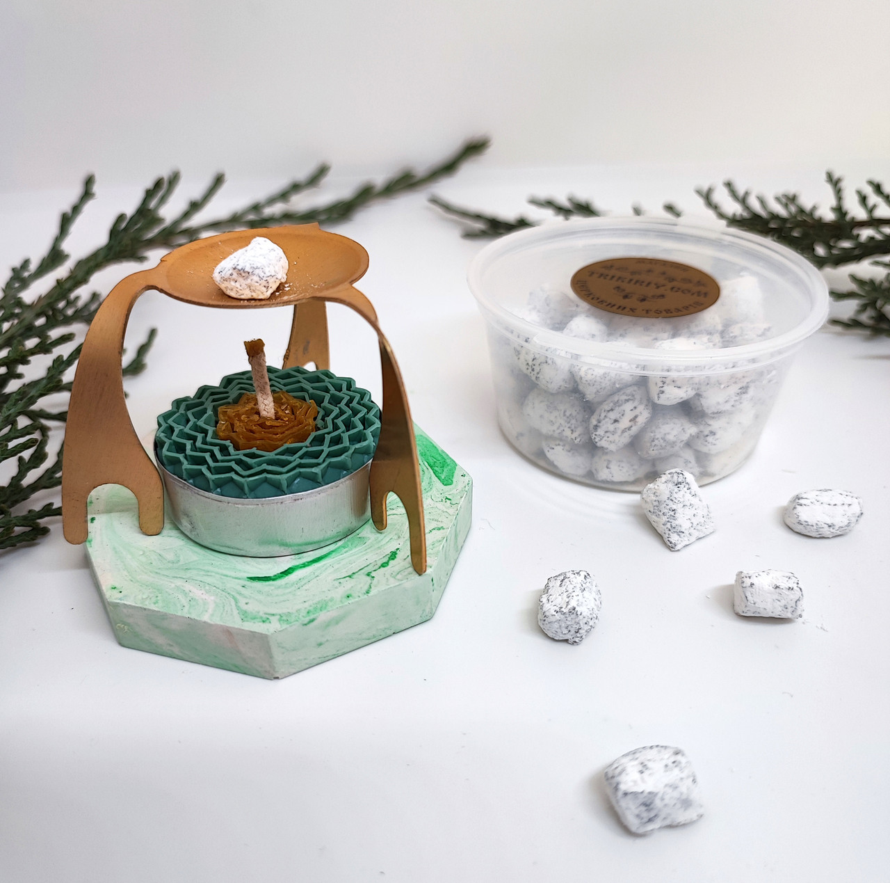 Комплект для домашнього кадіння: кадильниця з підставкою, павучок, ладан і свічка, фото 1