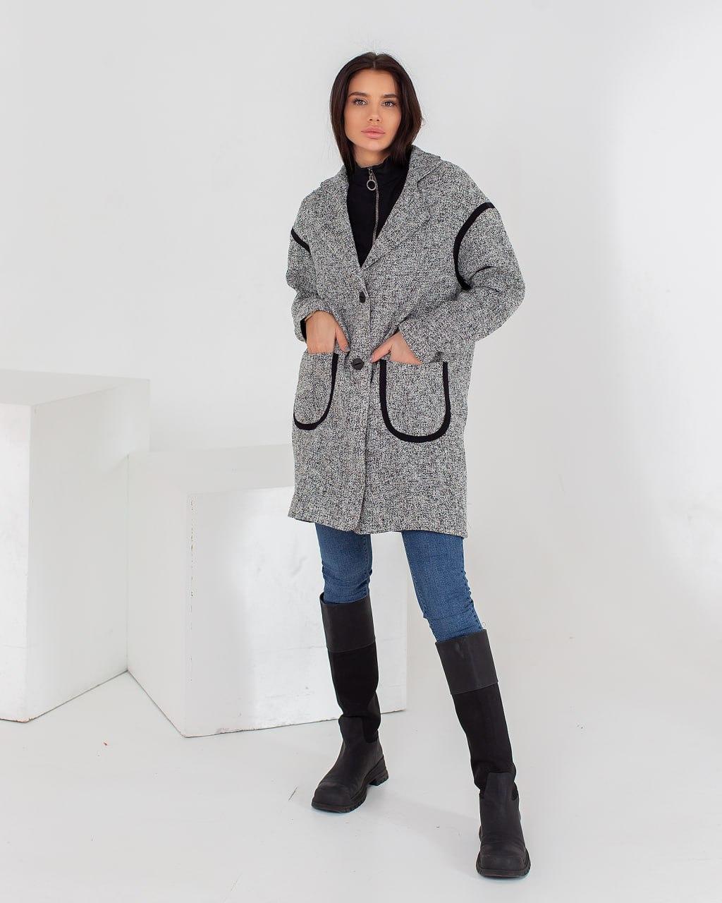Жіноче класичне пальто oversize із твіду сіре весна-осінь норма