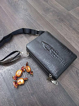 Чоловіча сумка чорна під крокодила на два відділення з довгим ремінцем зі штучної шкіри Glam