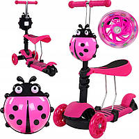 Детский самокат беговел божья коровка 3 в 1 со светящимися колесами Scooter 17-1, самокат с сиденьем розовый