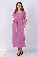 Платье женское розовый однотонный с поясом жатка миди Актуаль 063, 50