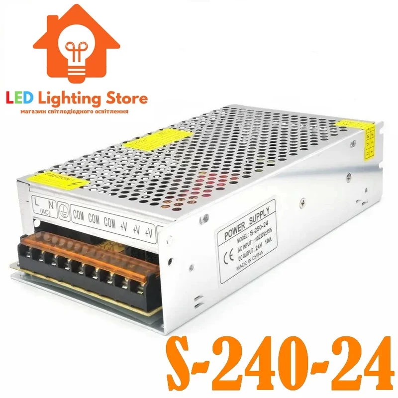Блок живлення 24V, 240W, 10А, IP20, S-240-24, металевий корпус, негерметичний, для внутрішнього застосування.