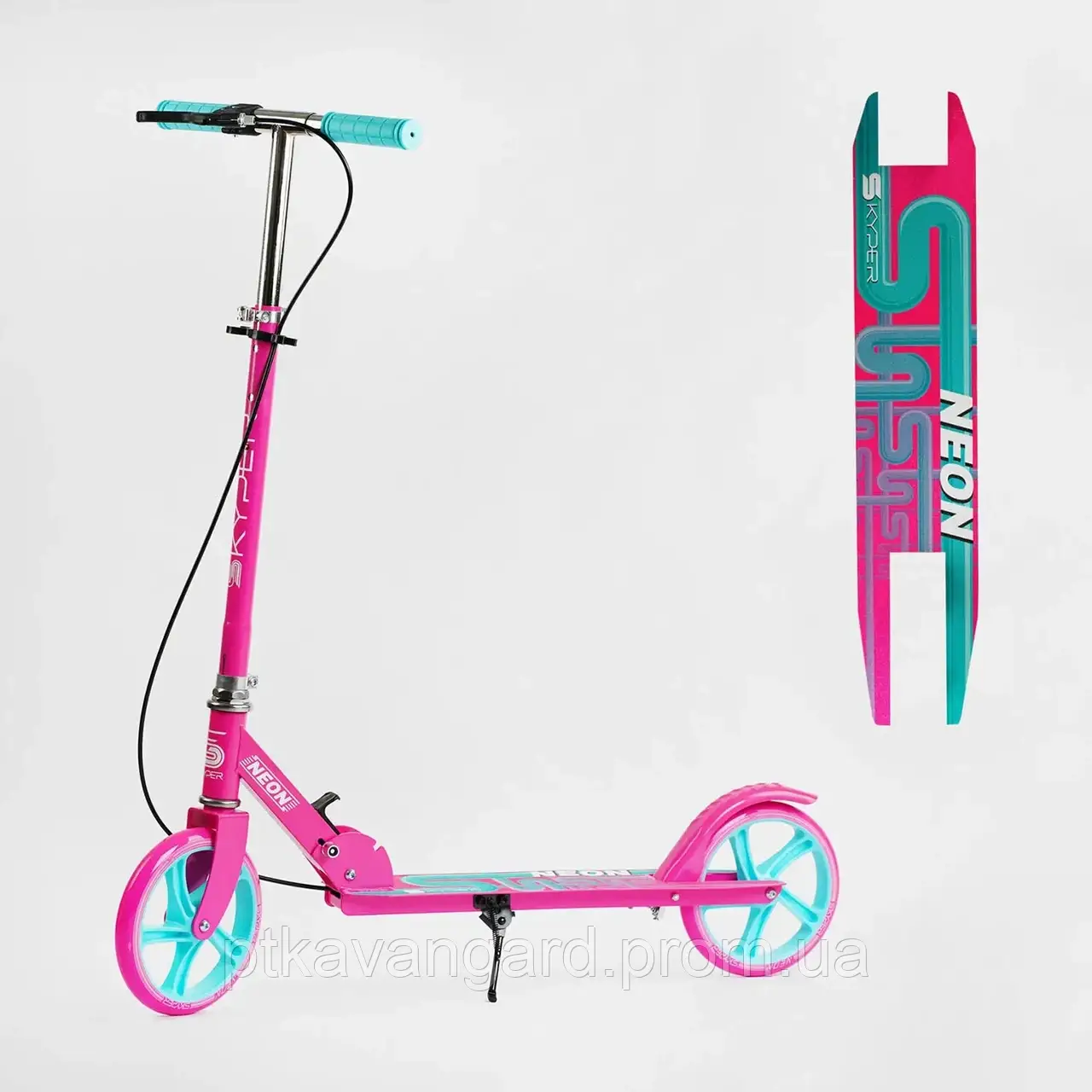 Детский самокат для девочек 5-10 лет Розовый с бирюзовыми колесами Skyper Neon, двухколесный, ручной тормоз - фото 3 - id-p1772142836