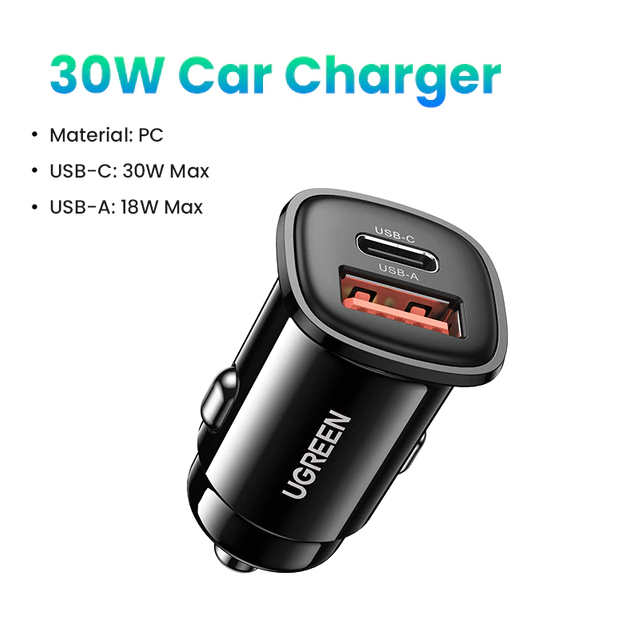 Автомобільний зарядний пристрій для телефона Ugreen 30 W USB-C USB-A PD 3.0 QC 3.0 AFC FCP Black (CD332)