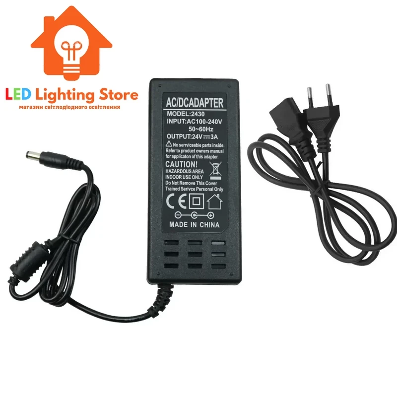 Блок живлення 24V, 72W, 3А, IP20, пластиковий корпус, не герметичний, для внутрішнього застосування.