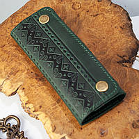 Ключница кожаная мужская зеленая с орнаментом Вышивка | Кожаный чехол для ключей