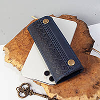 Ключница кожаная мужская синяя с орнаментом Вышивка | Кожаный чехол для ключей