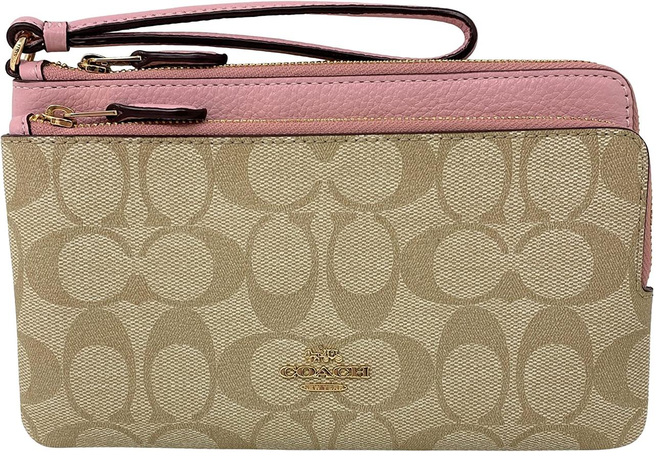 Light Khaki Powder Pink Бумажник с двойной молнией COACH Wristlet - фото 1 - id-p1772242475