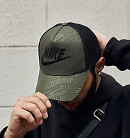 Кепка крутая качественная Nike хаки с сеткой черным логотипом и надписью унисекс молодежная спортивная КМ
