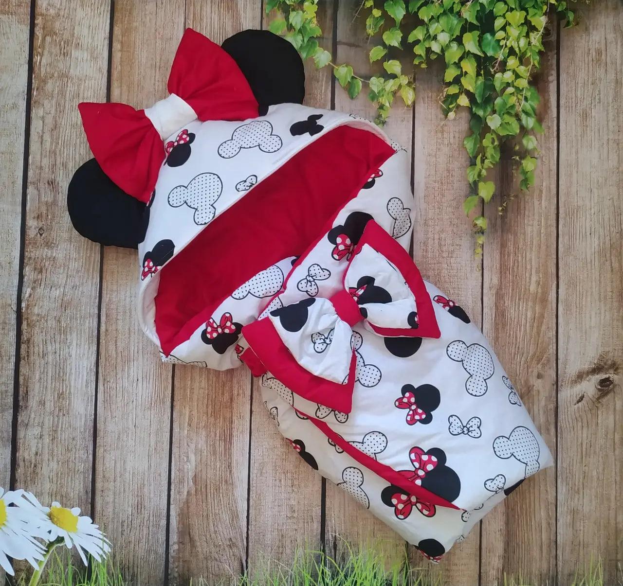 Конверт для новонароджених на виписку з пологового з вушками весна / літо бавовна 100% Мишенятко ШкодаМода Червоний, фото 1