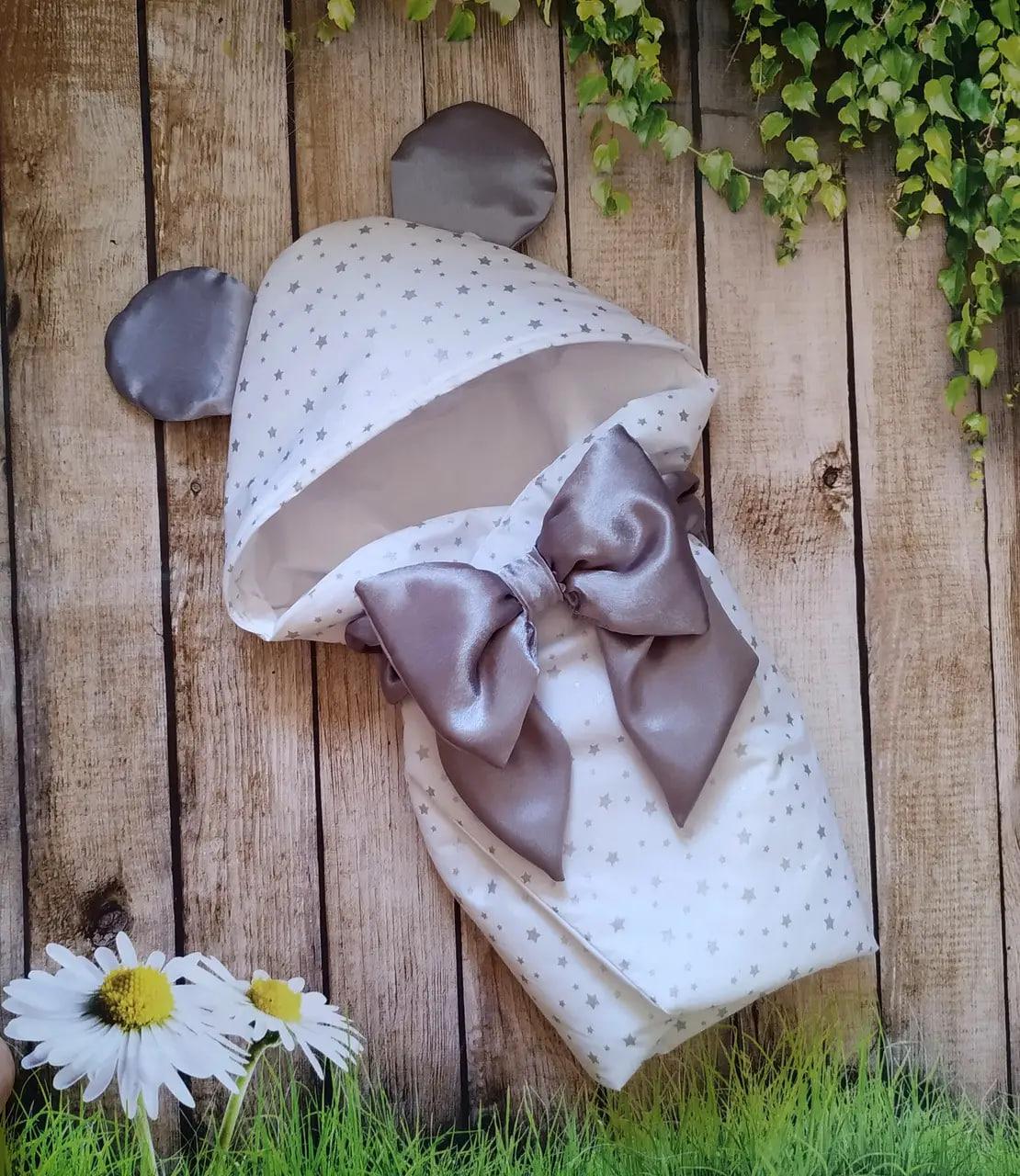 Конверт для новонароджених на виписку з вушками весна / літо бавовна 100% Маленька зірочка ШкодаМода Серый, фото 1