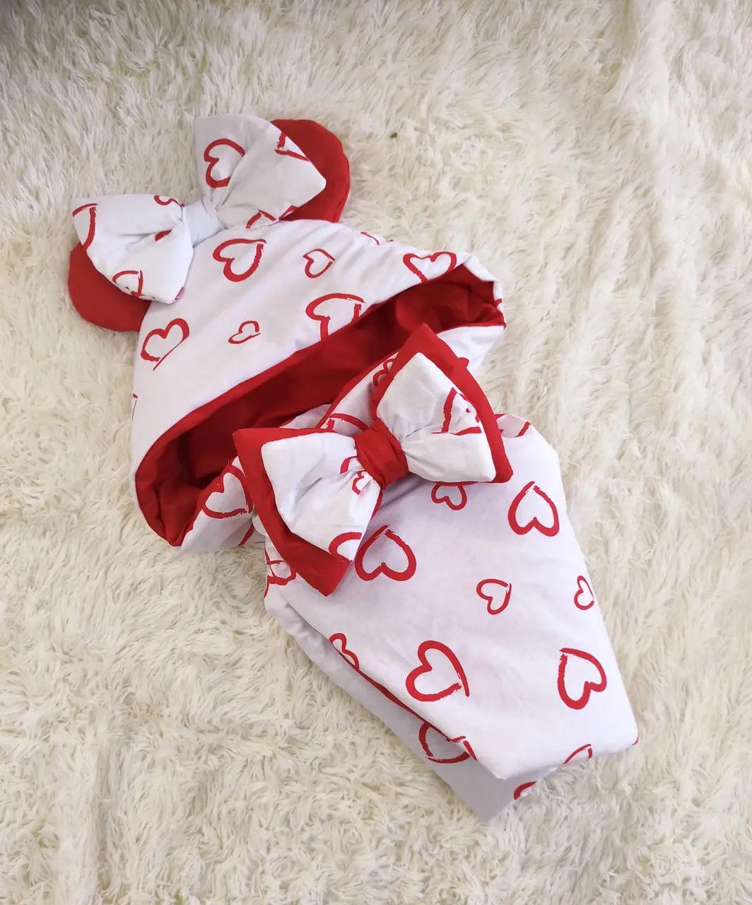 Конверт для новонароджених на виписку з пологового з вушками весна / літо бавовна 100% Серце ШкодаМода Червоний, фото 1