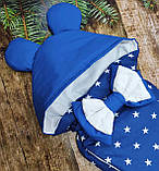 Конверт для новонароджених на виписку з пологового з вушками і бантом весна / літо бавовна 100% ШкодаМода Синій, фото 2