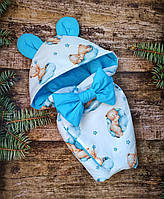 Конверт для новорожденных на выписку из роддома с ушками весна/лето хлопок 100% Медвежонок ШкодаМода Голубой