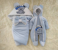 Велюровый комплект для новорожденных демисезонный, принт Мишка Boy, голубой