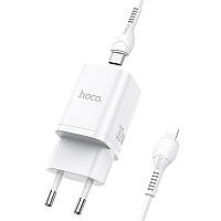 Адаптер мережевий HOCO Bright N13 USB, Type-C, QC, 20W, з кабелем Type-C-Lightning, білий