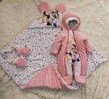 Велюровий комплект для новонароджених дівчаток, демісезонний, принт Minni, персиковий, фото 6