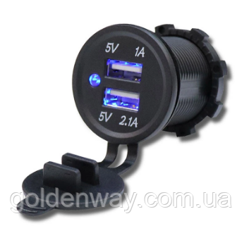 Автомобільне зарядне гніздо врізна розетка кругла 2 USB (12-24В) 5В/3.1A синій індикатор, фото 1