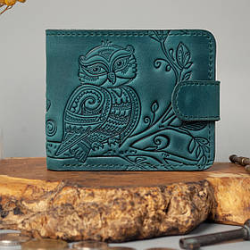 Жіночий шкіряний гаманець бірюзовий з тисненням Сова