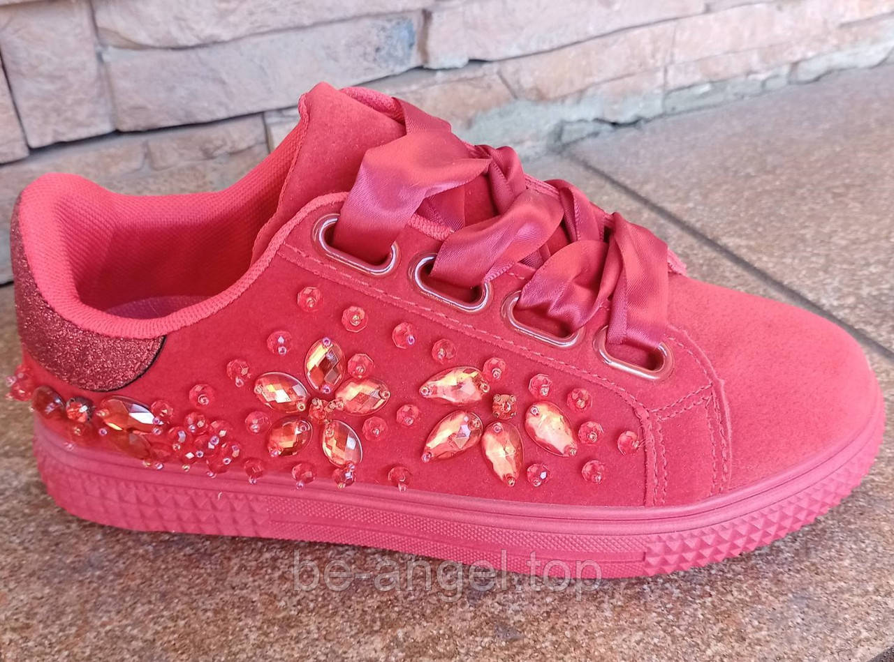 Сліпони червоний замш + бісер + стрічка, фото 1