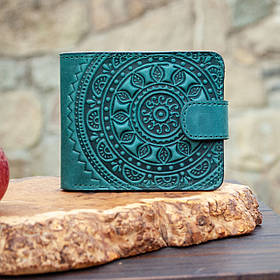 Жіночий шкіряний гаманець темно-бірюзовий з тисненням Етно