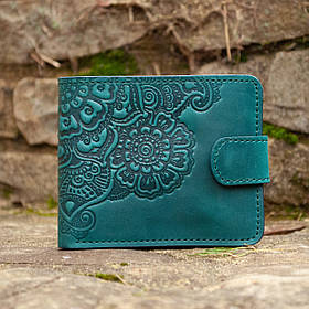 Жіночий шкіряний гаманець бірюзовий з тисненням Квітковий Сад