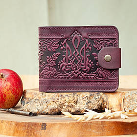 Маленький Жіночий шкіряний гаманець бордовий з тисненням Тризуб і Калина