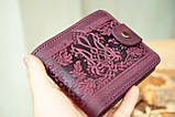 Маленький Жіночий шкіряний гаманець бордовий з тисненням Тризуб і Калина, фото 5