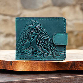 Жіночий шкіряний гаманець темно-бирюзовий з тисненням Пташки
