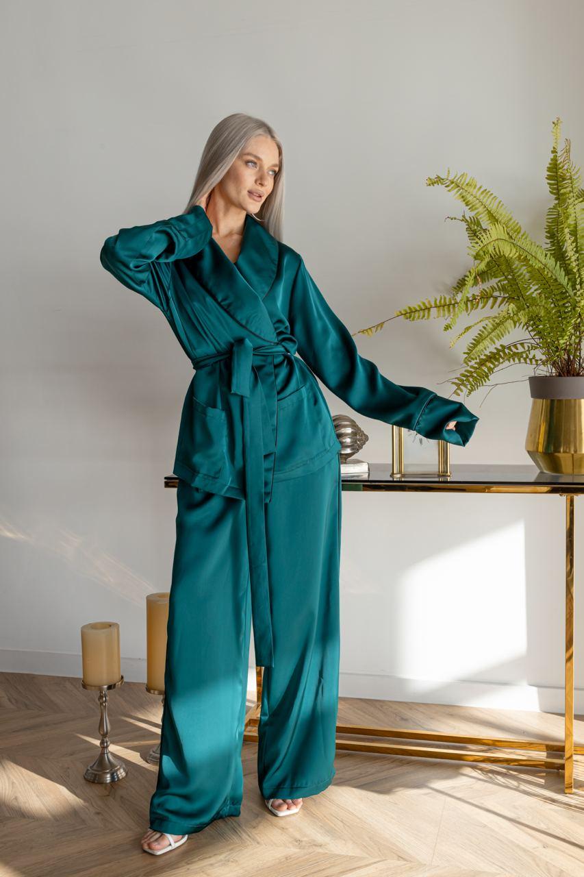 Жіноча шовкова піжама на запах кімоно комплект для дому та сну "Естель" зелений S-M 30035х, фото 1