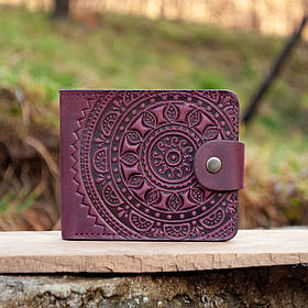 Жіночий шкіряний гаманець бордовий з тисненням Етно