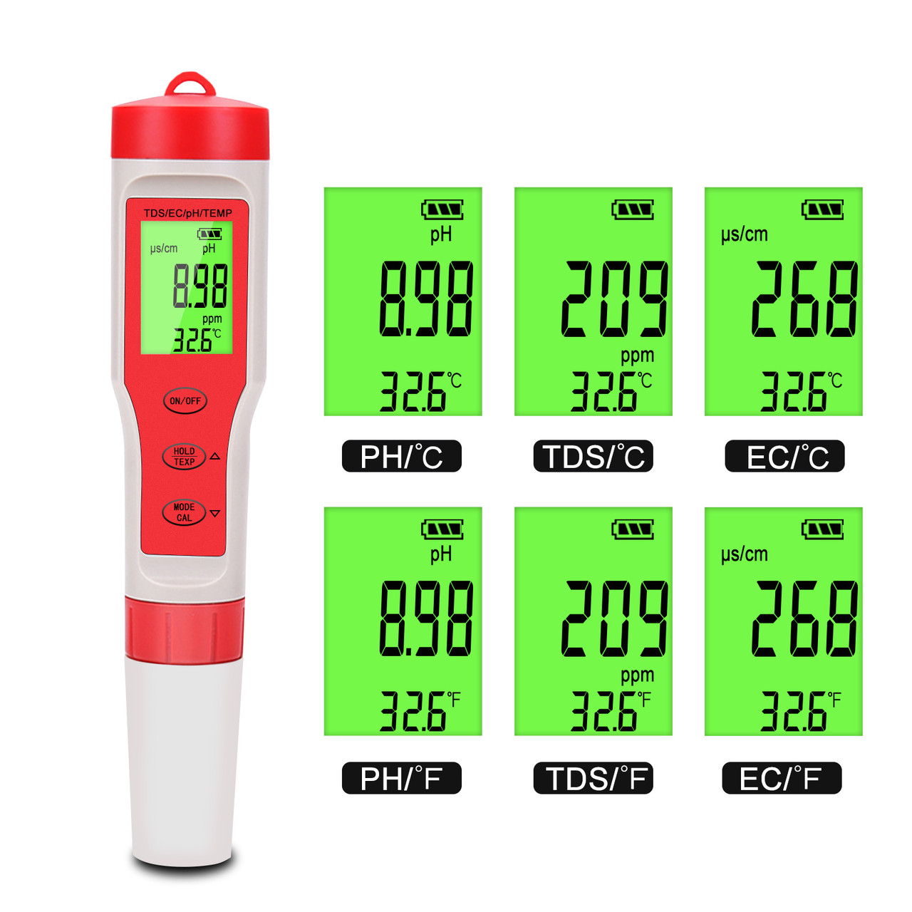 Комбінований вологозахищений TDS/pH/ЕС/Temp метр EZ9908 з підсвіткою, АТС