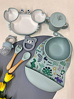 Набор детской силиконовой посуды для прикорма на присосках для мальчика (тарелка на присоске,слюнявчик і тд.)