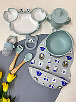 Набор детской силиконовой посуды для прикорма на присосках для мальчика (тарелка на присоске,слюнявчик і тд.)