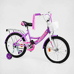 Дитячий велосипед 18" для дівчинки на 6-8 років (110-130 см) Фіолетовий Corso з ручним гальмом, доп колеса