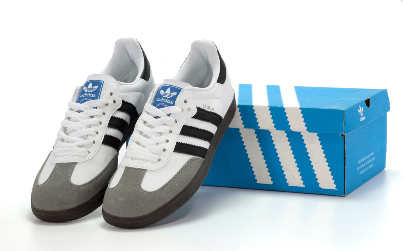Чоловічі кросівки білі весни з сірий Adidas Samba. Білі з чорним кеди весна літо чоловічі Адідас Самба