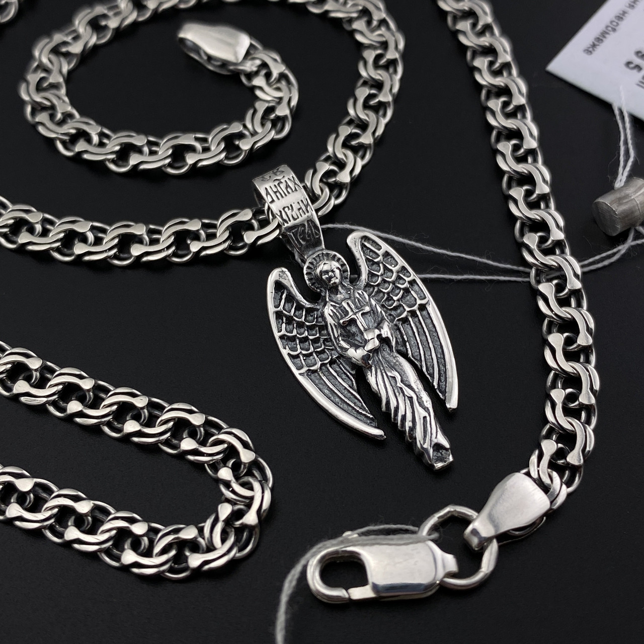 Чоловічий срібний ланцюжок бісмарк і кулон Ангел хранитель Михаїл 55 см, фото 1
