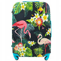 Чехол для чемодана плотный дайвинг с рисунком сад фламинго яркий большой