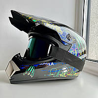 Мотошлем кросс-эндуро black/blue/green (есть все размеры) + Очки в ПОДАРОК