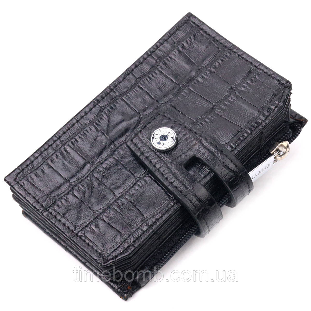Зручний картхолдер із натуральної шкіри з тисненням під крокодила KARYA 21331 Чорний, фото 1