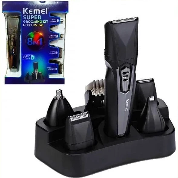 Багатофункціональна машинка тример 8в1 KEMEI KM-640 на акумуляторі для стриження волосся бороди 4 насадки