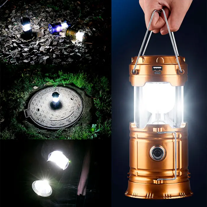 Кемпінговий ліхтар LED золотий заряджається від со. батареї, від сети220, від USB, від 3-х батарейок АА